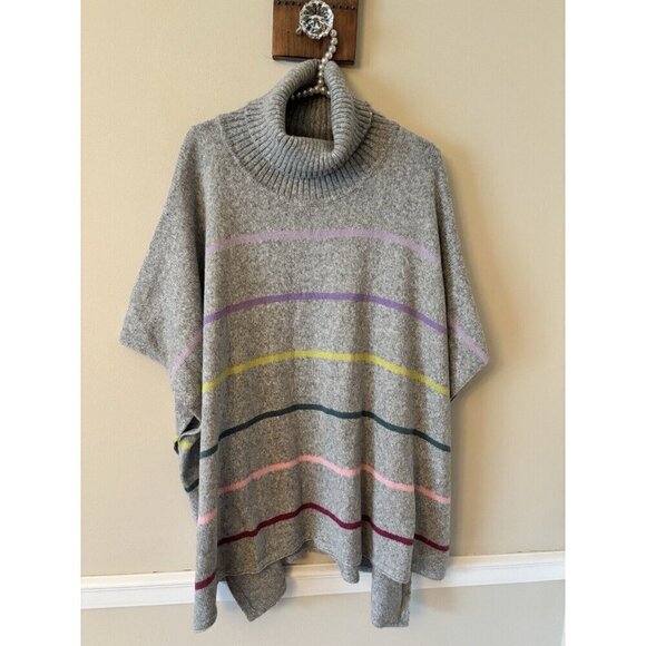 LOFT Womens Size XS/S Wool Blend Sweater Poncho Gray Multicolor Stripes - Picture 1 of 6